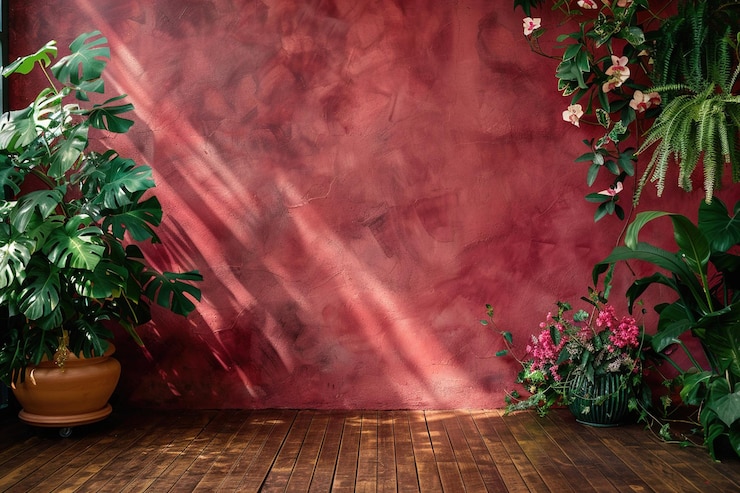 Photo un mur rouge foncé avec des fleurs accroché à l'arrière-plan pour une séance photo en tons rouges