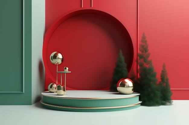 Un mur rouge avec un objet rond vert et or au milieu.