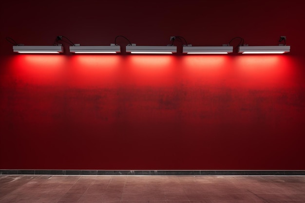 Photo mur rouge avec une rangée de projecteurs dans une pièce vide