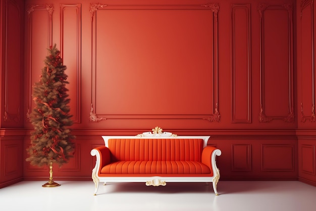 Un mur rouge avec un sapin de Noël au milieu