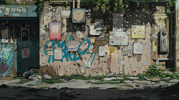 Un mur sale de dessins animés rempli d'affiches et de graffitis générés par l'IA.