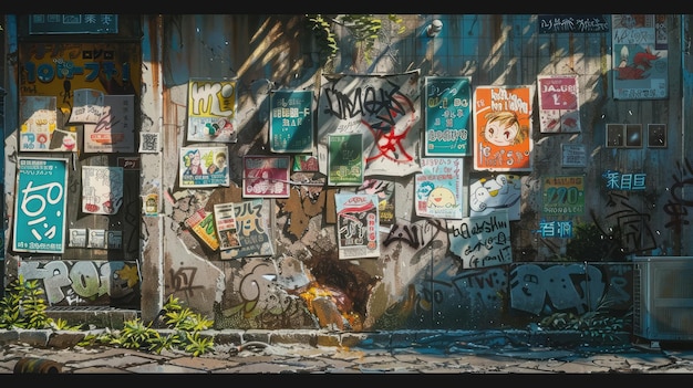 Photo un mur sale de dessins animés rempli d'affiches et de graffitis générés par l'ia.