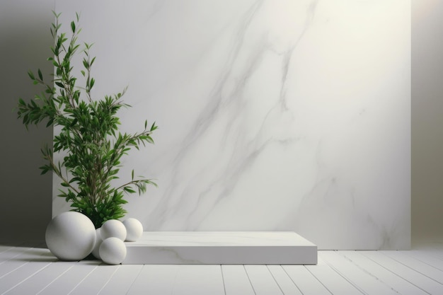 Mur avec scène pour l'affichage des produits sur fond clair avec des plantes vertes Style minimaliste de podium en pierre de marbre blanc