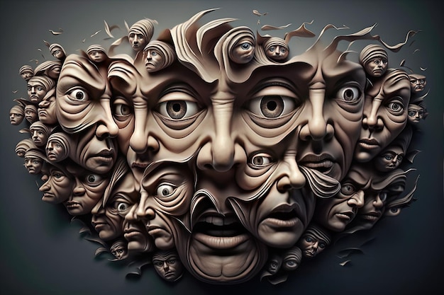 Un mur surréaliste de visages humains transformés d'une manière étrange Des visages humains déformés d'une manière étrange