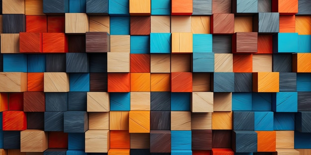 Mur de texture de cubes carrés en bois avec un motif géométrique coloré