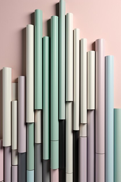 Un mur de tubes colorés avec un tuyau noir au milieu.