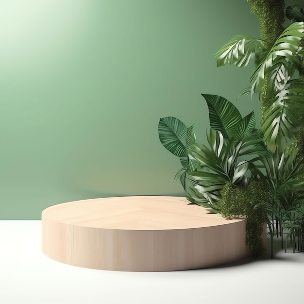 Un mur végétalisé avec un cercle rond en bois devant une plante.