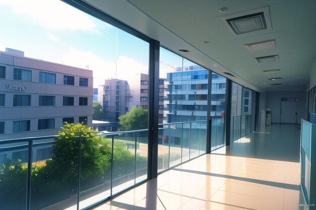 Un mur de verre avec un balcon et une vue sur une ville.