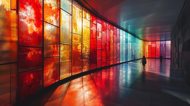 un mur de verre coloré est éclairé par un homme qui marche dans un couloir