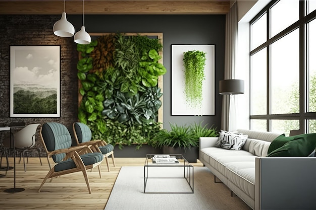 Mur vert Jardin vertical Eco Bio Room Intérieur avec plans en direct Illustration IA générative abstraite