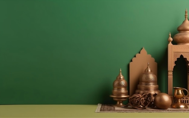 Un mur vert avec une mosquée islamique en or et une mosquée islamique en or.