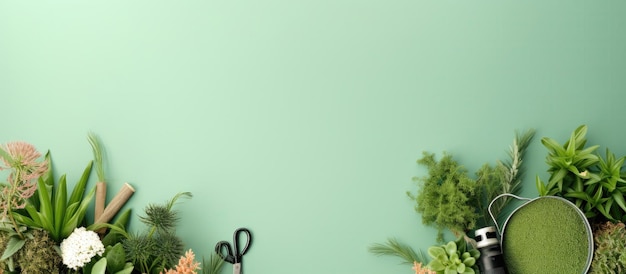 mur vert avec une plante en pot et des ciseaux avec espace de copie pour l'insertion de texte