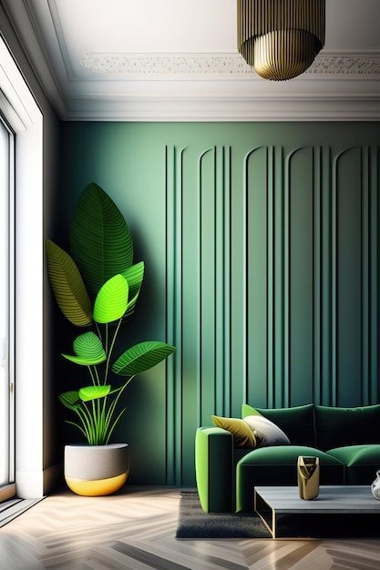un mur vert avec une plante et un pot avec une plante dedans
