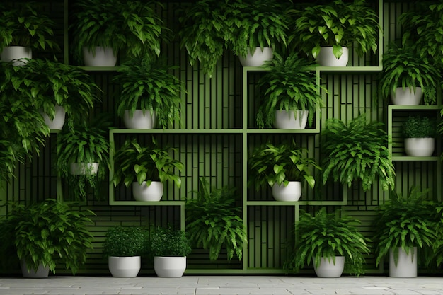 Un mur vert avec des plantes dans des pots.