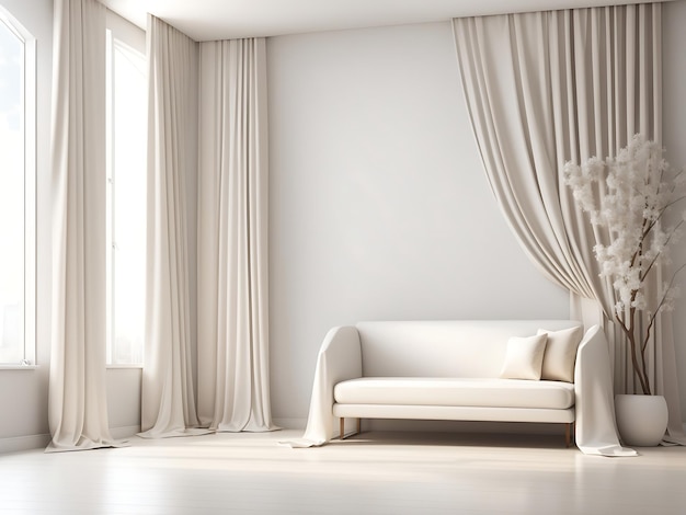 Mur vide ivoire blanc dans la chambre avec rideaux en soie Modèle de maquette pour la présentation du produit