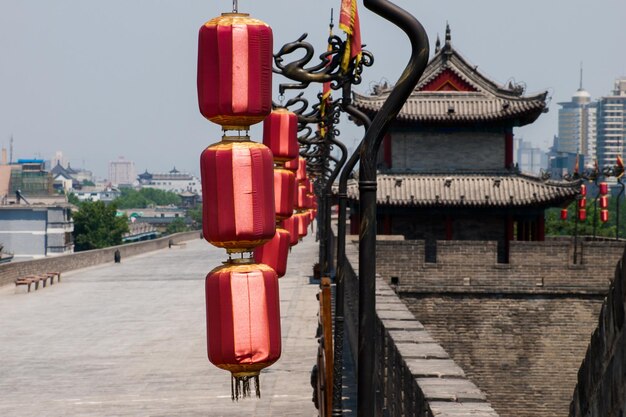 Mur de la ville antique de Xian avec des pagodes.