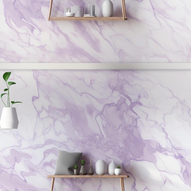 Un mur violet et blanc avec des vases et des tasses dessus.