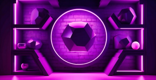 Mur violet éclairé avec étagères et trois cubes vides