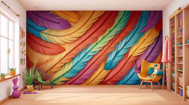 Une murale abstraite enchanteresse de plumes dans un mélange de tons vifs