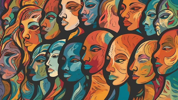 Une murale colorée de femmes aux visages de différentes couleurs.