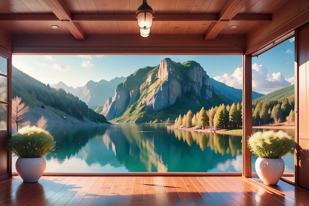 Une murale en papier peint d'un lac de montagne avec un lac et des montagnes en arrière-plan.