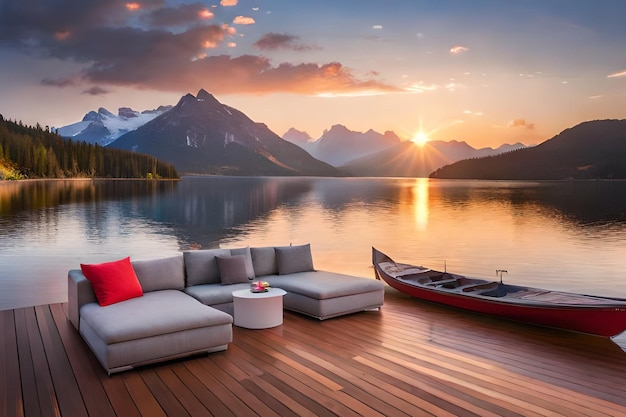 Une murale en papier peint d'un lac avec des montagnes et d'un lac avec un lac et un canapé avec un oreiller rouge.