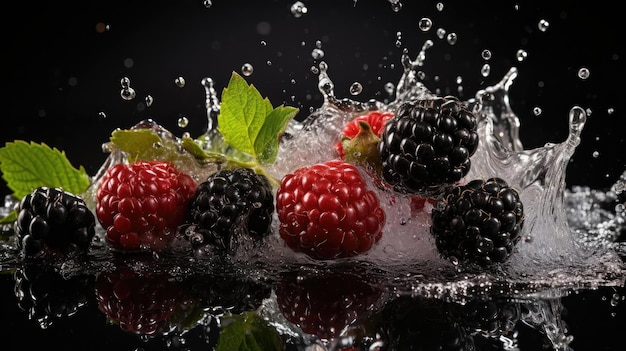 Mûre fraîche et redberry éclaboussé d'eau sur fond noir et flou