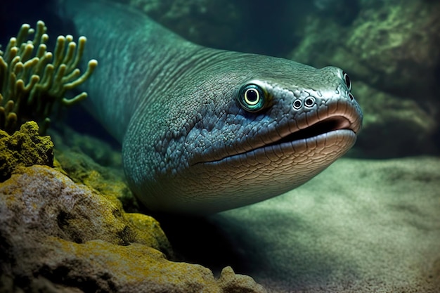 La murène grise aux yeux exorbités flotte sur le fond sablonneux de l'océan