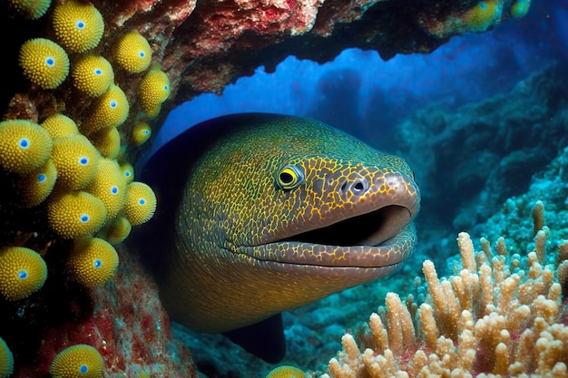 Murènes prédatrices dans une eau turquoise claire au fond de l'océan