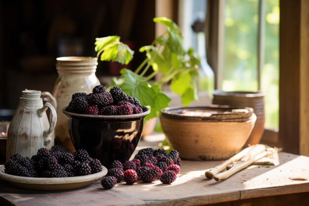 Des mûres dans un vieux bol avec de la poterie rustique et de la verdure sur une table en bois une campagne intemporelle