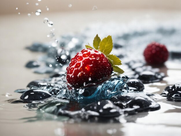 Photo des mûres et des framboises dans un bol de verre avec des gouttes d'eau ai générative