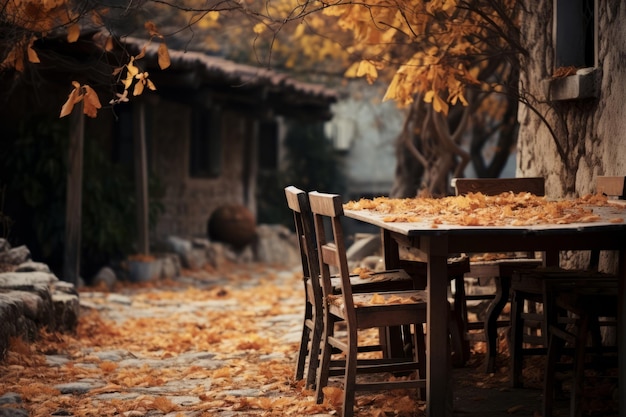 Les murmures de l'automne Un voyage mélancolique à travers les tables et les chaises en bois vides d'un village grec