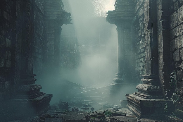 Des murmures de brume dérivent à travers les ruines anciennes.
