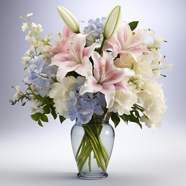 Murmures romantiques Un doux bouquet pastel de lys et d’hortensias