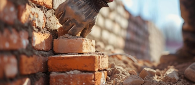 Photo les murs en briques rouges et en maçon sont construits à l'aide de mortier et de briques nivelées nécessitant des compétences professionnelles.