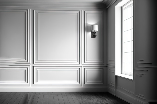Murs lambrissés blancs dans un cadre moderne classique avec un plancher en bois simulé pour une illustration