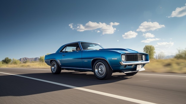 Une muscle car bleue est sur la route devant un ciel bleu.