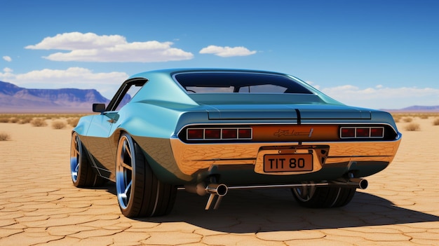 Une muscle car bleue et noire avec un champ de sable