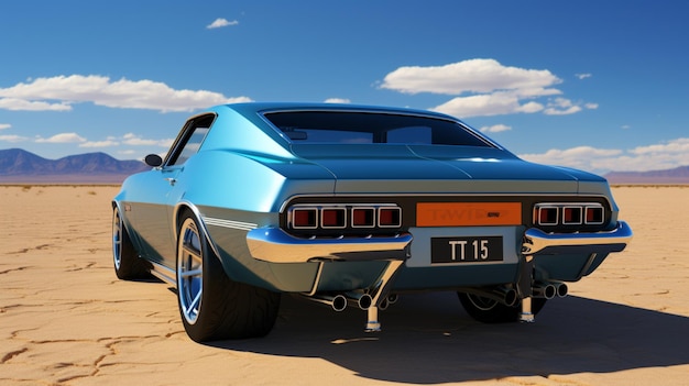 Une muscle car bleue et noire avec un champ de sable