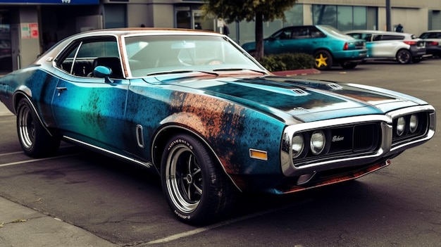 Une muscle car bleue et rouillée avec un capot rouillé.