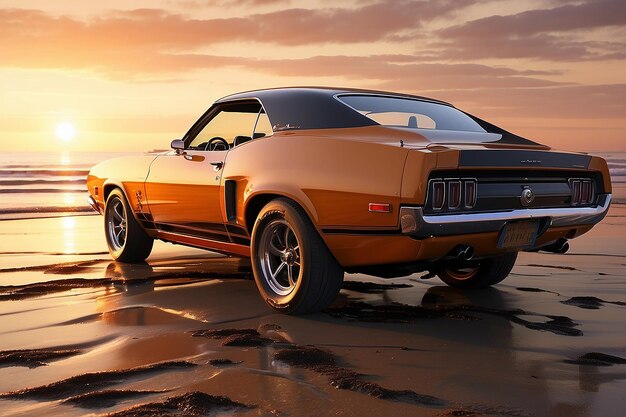 Muscle car et plage au coucher du soleil près de Syd Mead