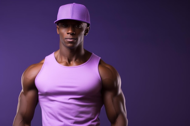 Muscles abdominaux définis modèle de fitness afro-américain présentant un torse tonifié en haut violet