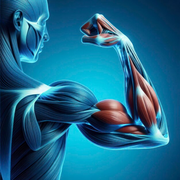 Muscles du bras humain 3D avec biceps en surbrillance isolés sur fond bleu vif ai génératif