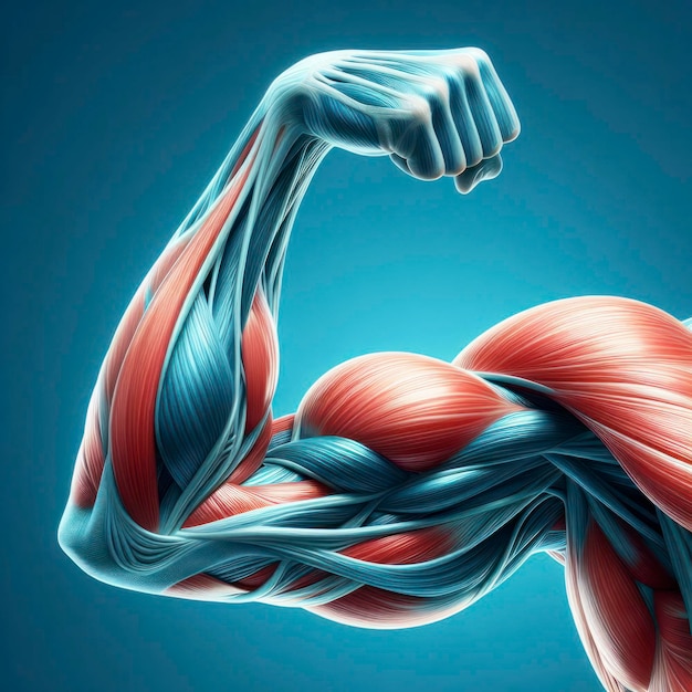 Muscles du bras humain avec biceps en surbrillance isolés sur fond bleu vif ai génératif