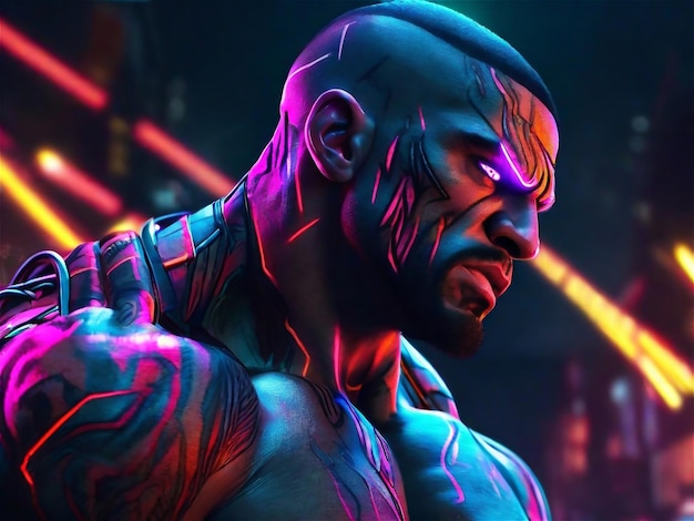 Muscular Cyborg Man Homme marchant dans une ville cyberpunk dystopique