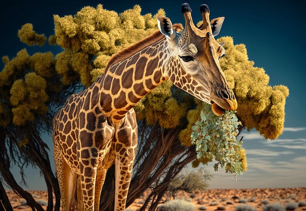 Le museau d'une girafe mange le feuillage d'un arbre