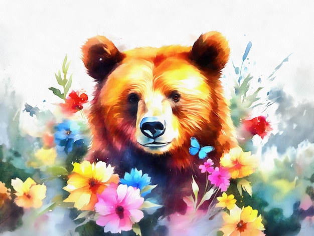 Museau de gros grizzly avec peinture à l'aquarelle de fleurs générée par l'IA