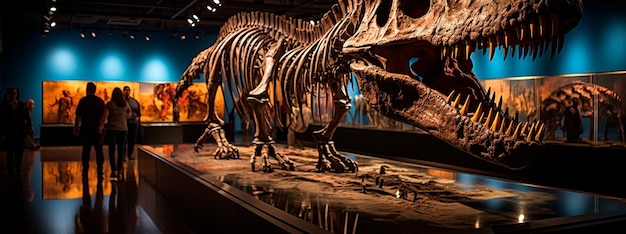 Un musée de squelettes de dinosaures avec un grand squelette de tyrannosaure au milieu