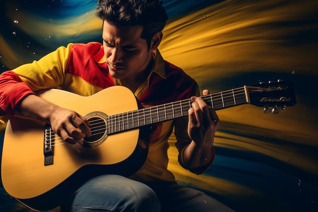 Musicien colombien jouant de la guitare avec un drapeau en arrière-plan