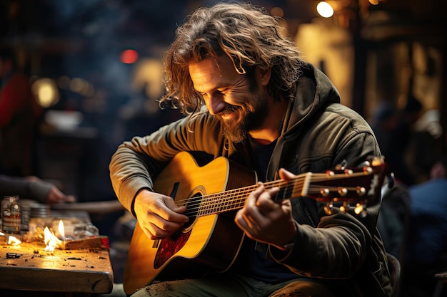 Un musicien environnant joue de la guitare en accueillant l'IA génératrice de café